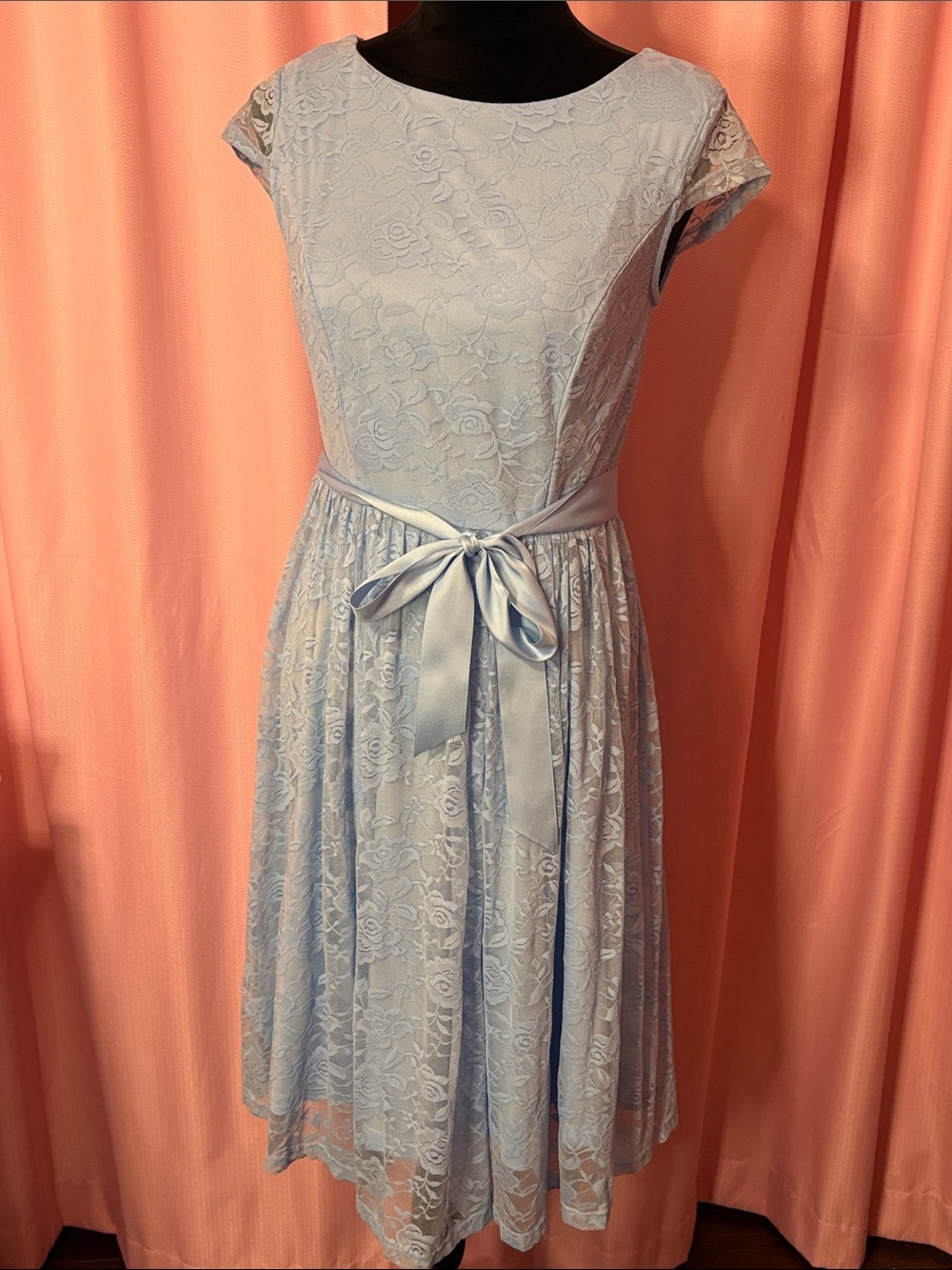 Blue Lace Overlay Cap Sleeve Party Dress